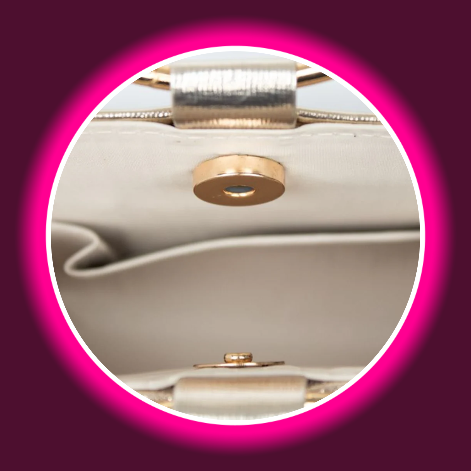 goldene Handtasche mit Druckknopfverschluss und rundem Tragegriff, von Aftershock London
