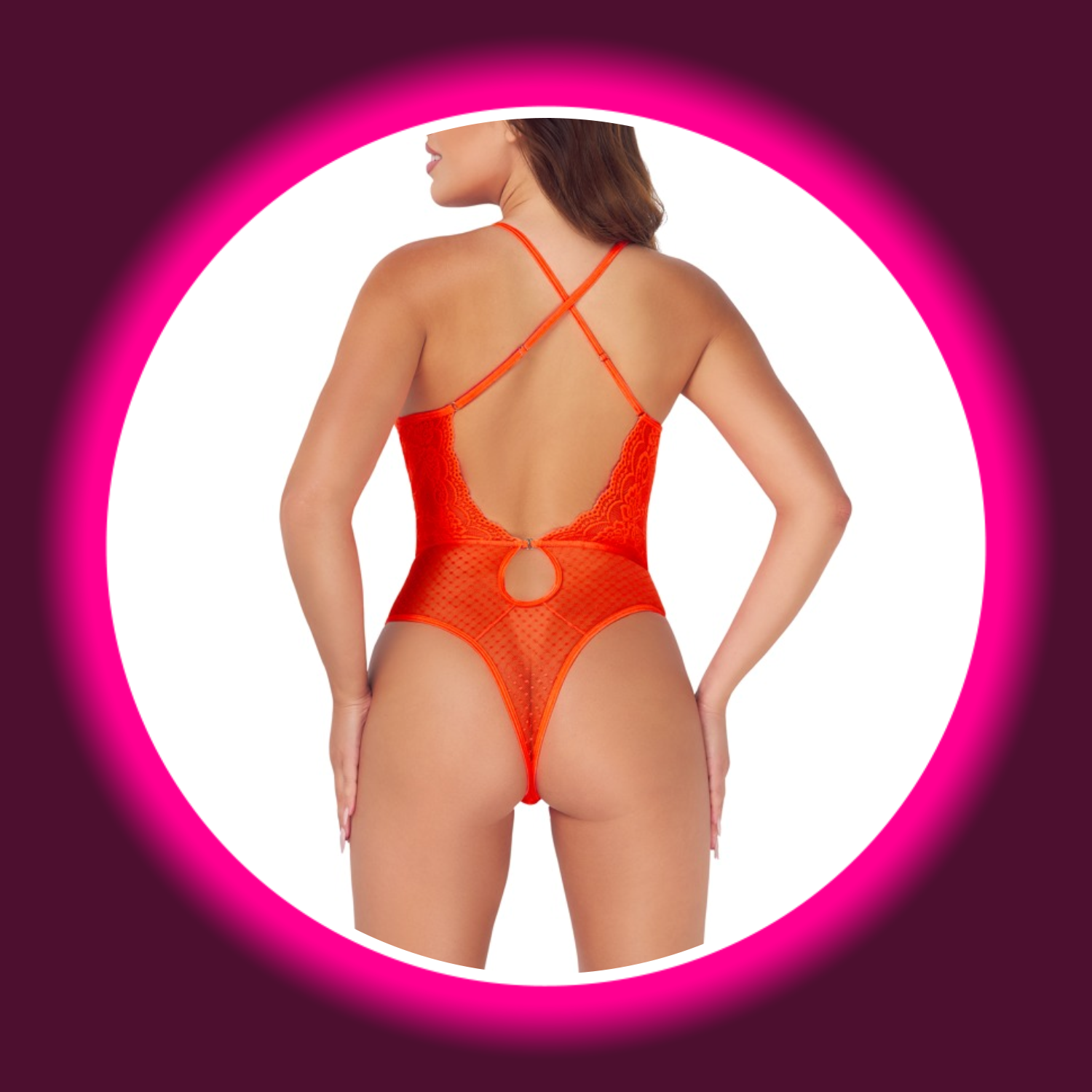 Rückansicht Frau in neonfarbenem Spitzenbody von Fantasy by Cotelli