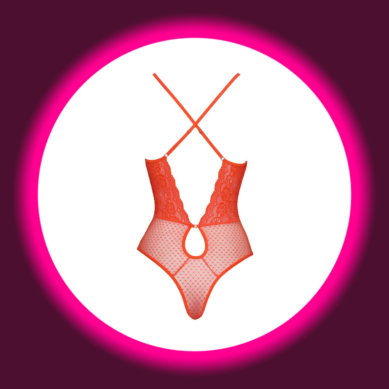 Rückansicht neonfarbener Spitzenbody mit gekreuzten Trägern von Fantasy by Cotelli