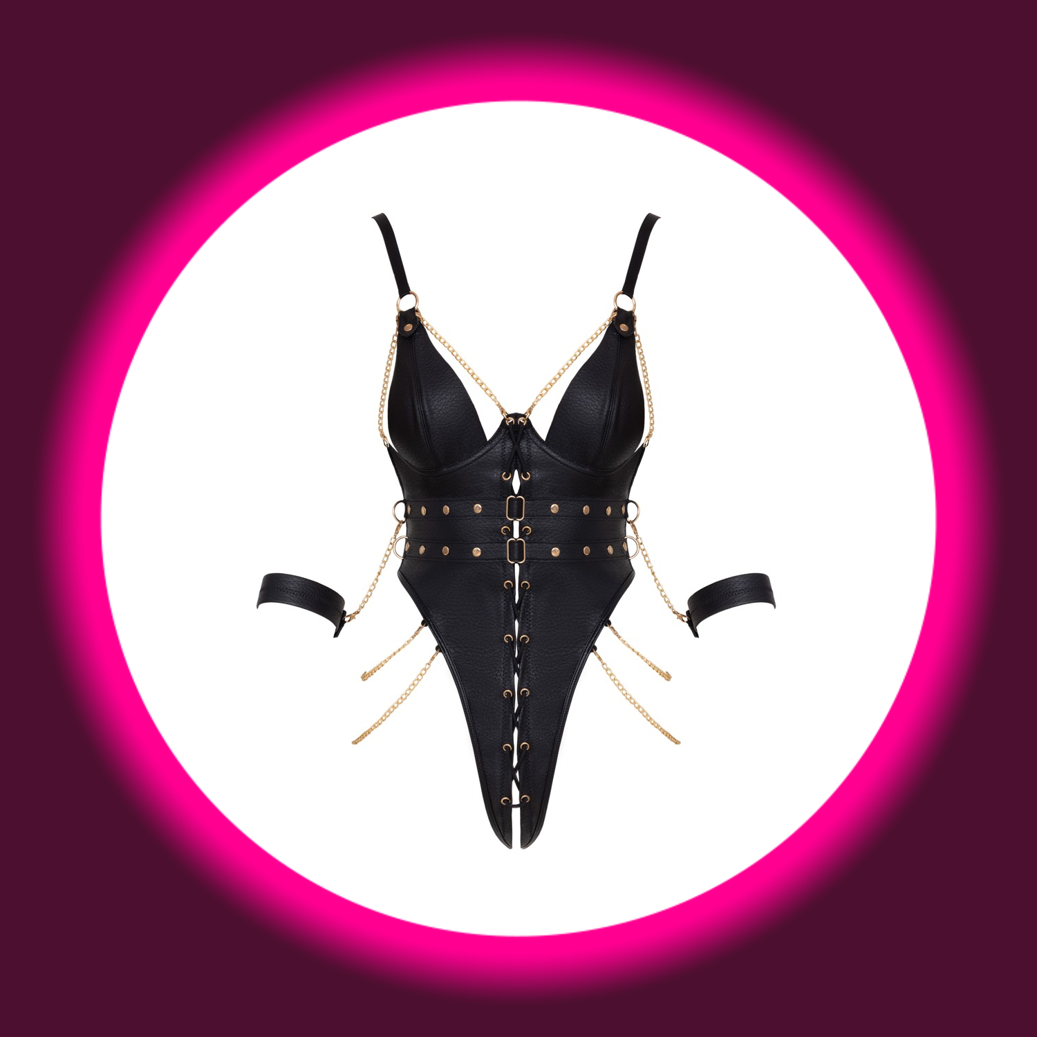 Frontansicht schwarzer Bondage Body Alma von Cotelli mit goldenen Ketten und Armfesseln