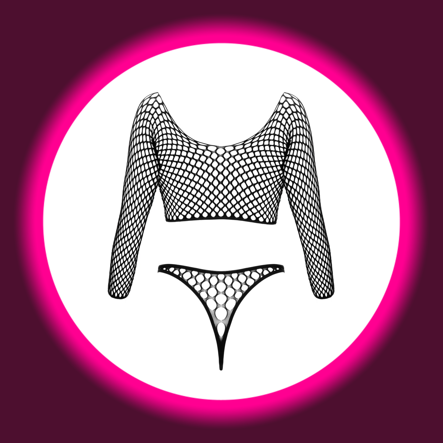 Rückansicht schwarzer Body von Cotelli aus grobem Netz mit langen Armen, in Zweiteiler-Optik