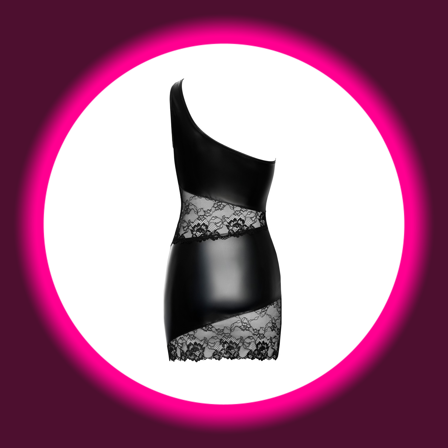 Rückansicht asymmetrisches schwarzes One-Shoulder Minikleid aus Spitze und Mattlook, von Cotelli