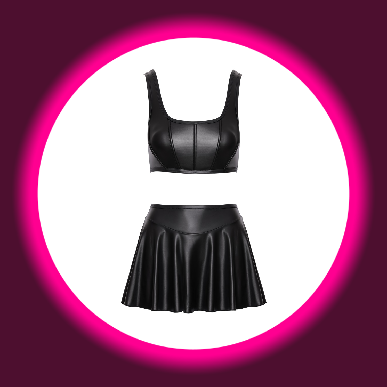 Frontansicht schwarzes Set aus Top im Corsagen-Look und kurzem Rock, Mattlook, von Cotelli