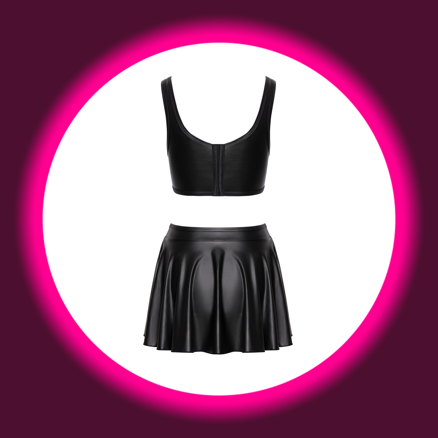 Rückansicht schwarzes Set aus Top im Corsagen-Look und kurzem Rock, Mattlook, von Cotelli