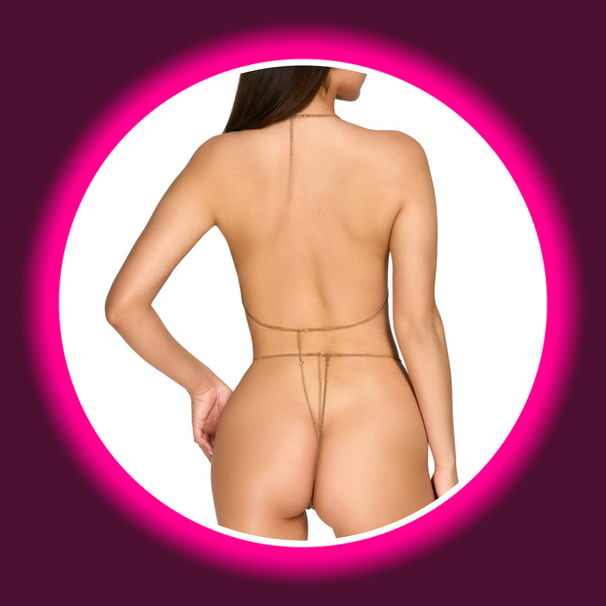 Cottelli Accessoires Ketten-Set Aneta in Goldfarbe, Rückansicht am Model mit offenem Rücken, feinen Hals- und Rückenketten sowie schmaler Stringkette