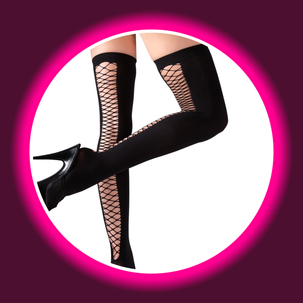 Cottelli Legwear halterlose Stockings mit Netz schwarz – Seitenansicht am Model, schwarze Overknee-Strümpfe mit großflächigem Netz-Einsatz und rutschfestem Silikonband