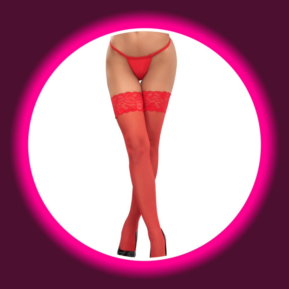 Cottelli Legwear halterlose Stockings rot – Frontansicht am Model, rote Feinstrümpfe mit 9 cm Spitzenabschluss und Silikonhalt, 20 den
