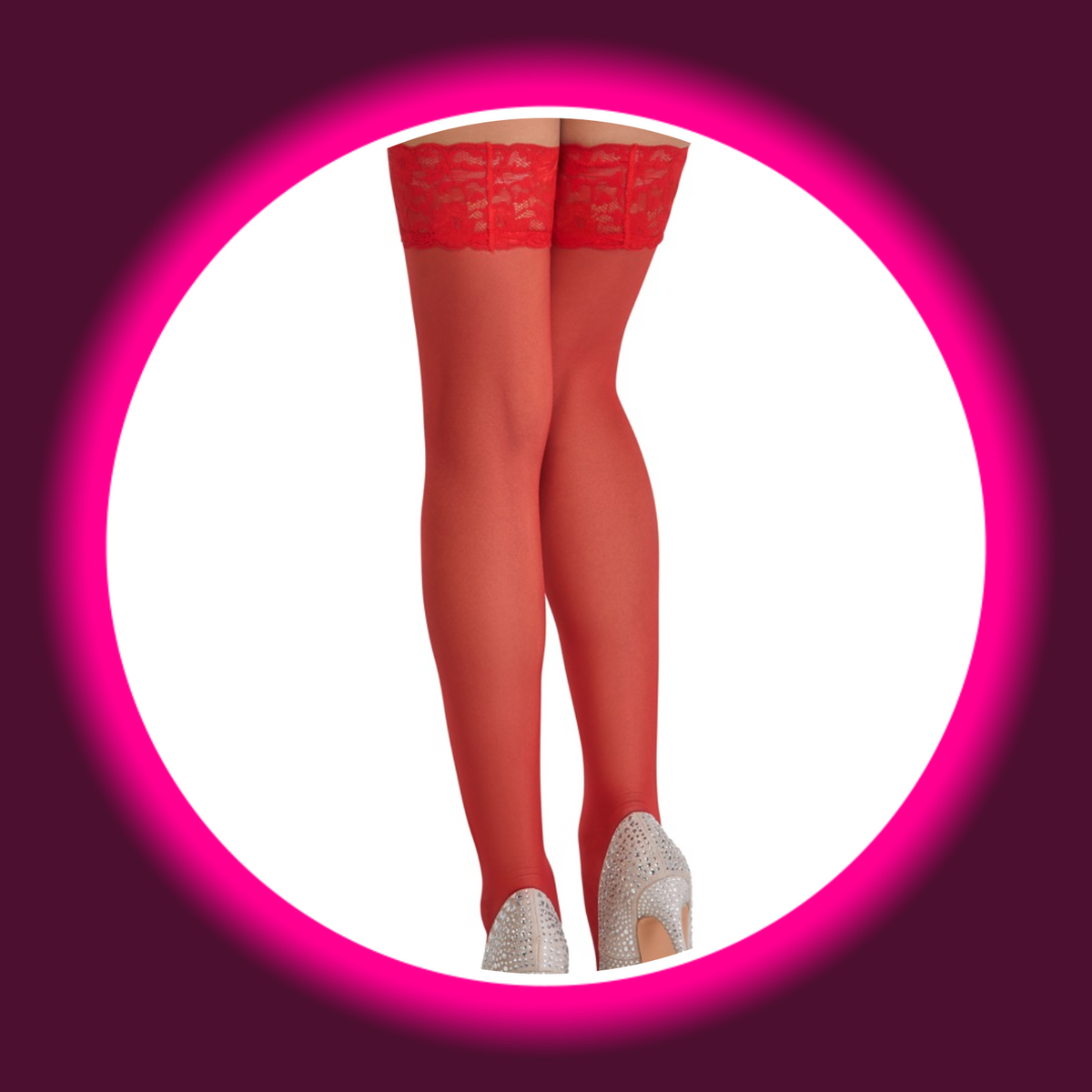Cottelli Legwear halterlose Stockings rot – Rückenansicht am Model, rote halterlose Strümpfe mit floralem Spitzenabschluss und rutschfestem Silikonrand