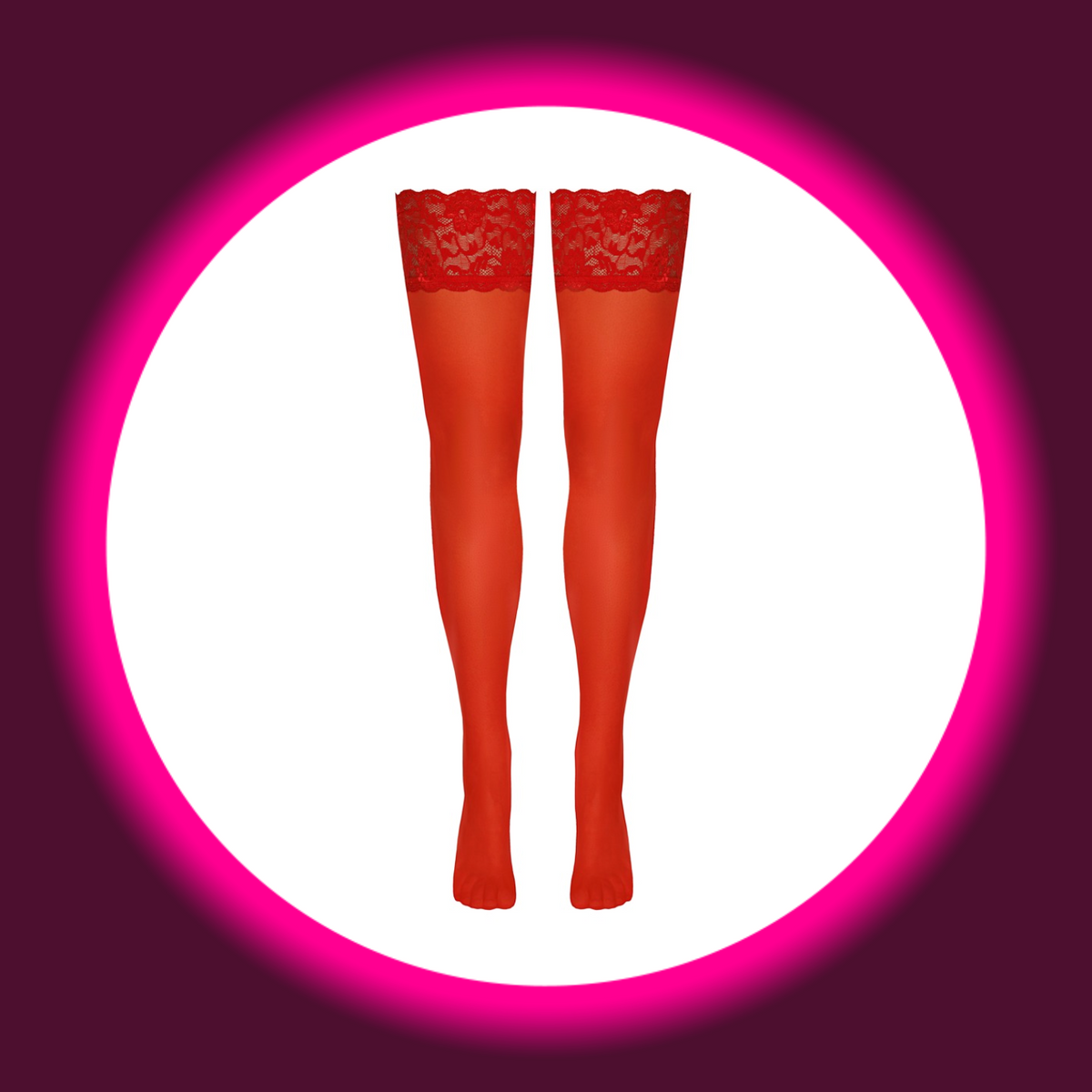 Cottelli Legwear halterlose Stockings rot freistehend – Frontansicht, rote Feinstrümpfe mit 9 cm Spitzenabschluss und Silikonhalt, 20 den