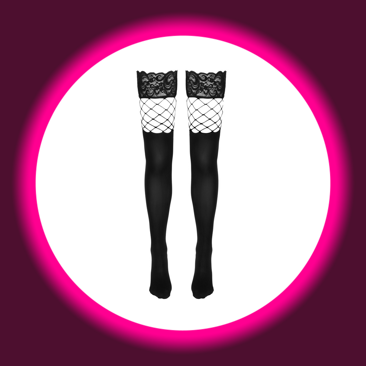 Cottelli Legwear 2-in-1 Stockings in Schwarz mit floralem Spitzenabschluss und grobmaschigem Netz über dem dunklen Strumpfteil, freigestellte Frontansicht