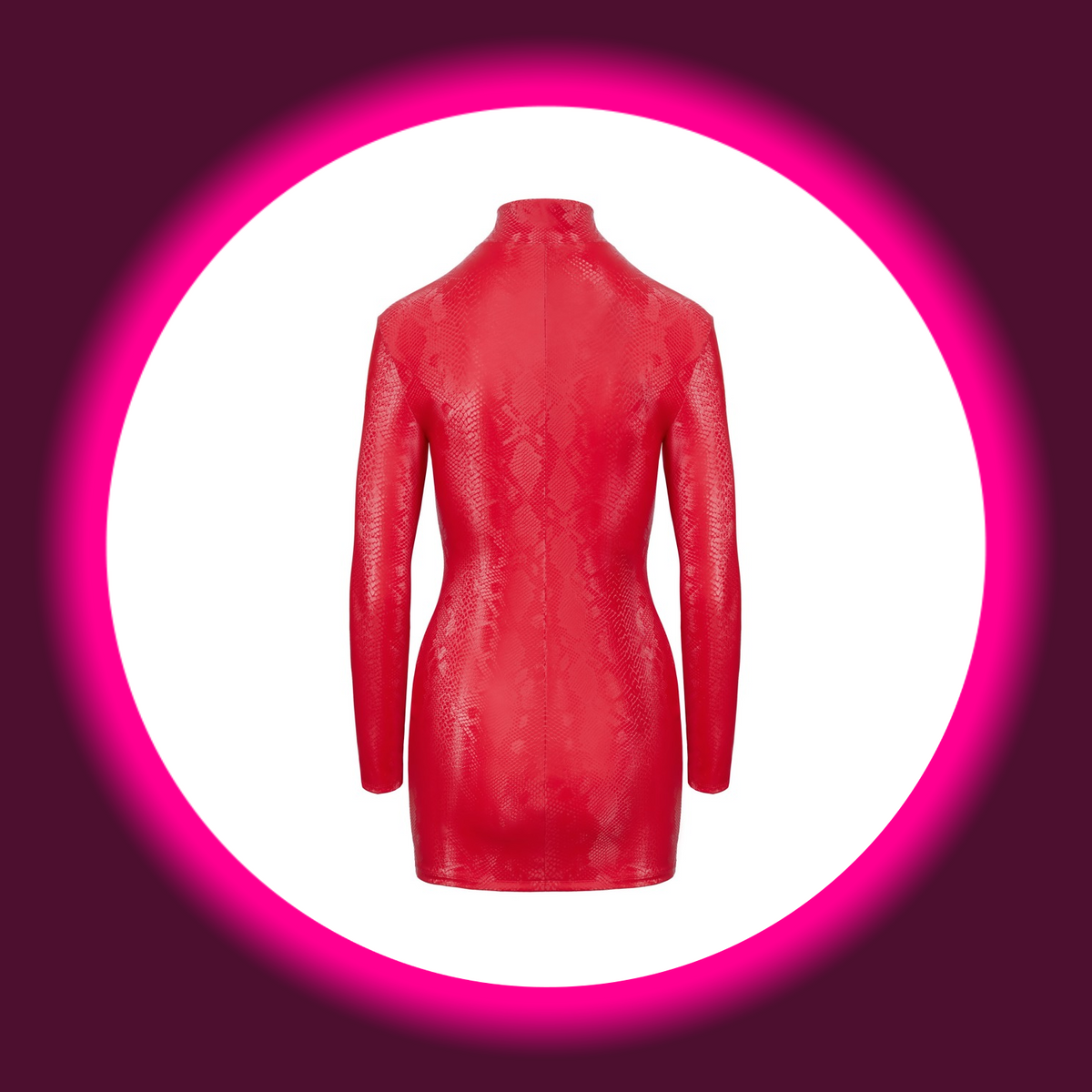 Cottelli Minikleid Amanda in Rot mit Schlangenmuster, geschlossenem Rücken, Stehkragen und langen Ärmeln, freigestellte Rückansicht