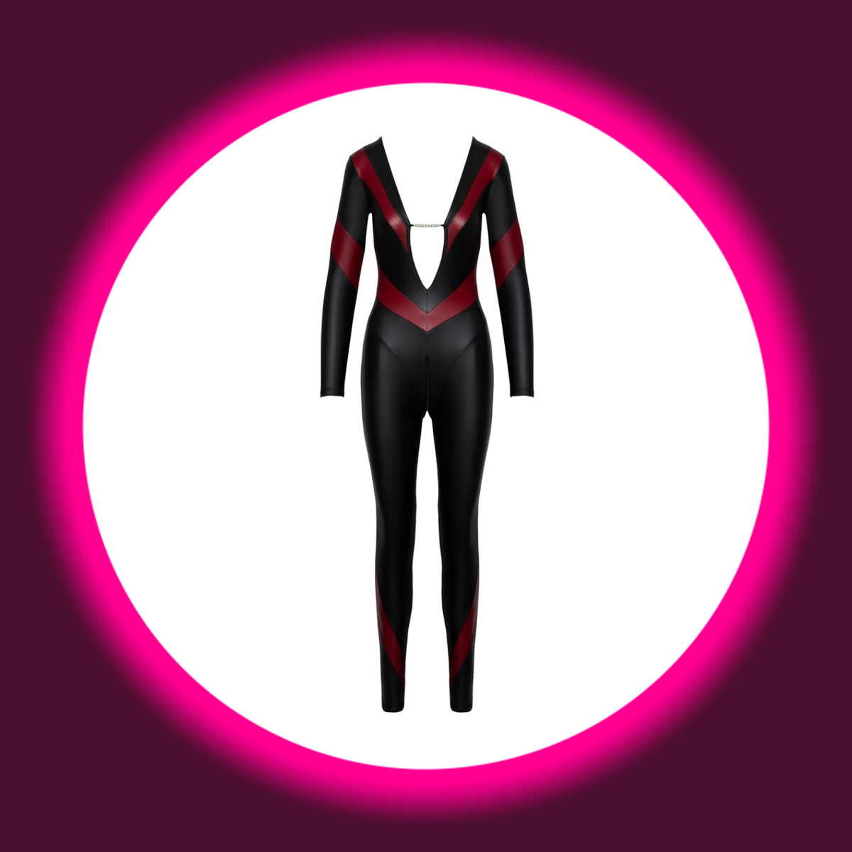 Cottelli Party Overall CORA schwarz-rot freistehend – Frontansicht, Langarm-Catsuit im Mattlook mit tiefem V-Ausschnitt, silberfarbener Kette und roten Kontrast-Streifen