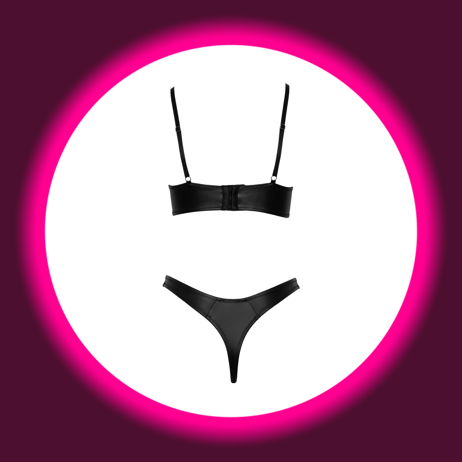Rückansicht schwarzes Wetlook BH & String Set von Cotelli Lingerie