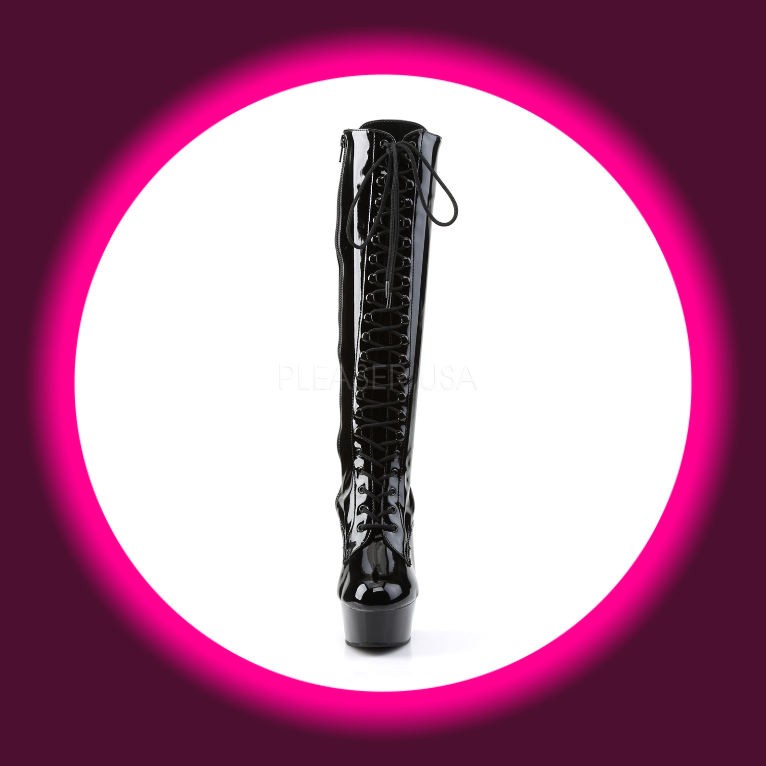Frontansicht schwarze Plateaustiefel mit Frontschnürung, Pleaser Delight 2023