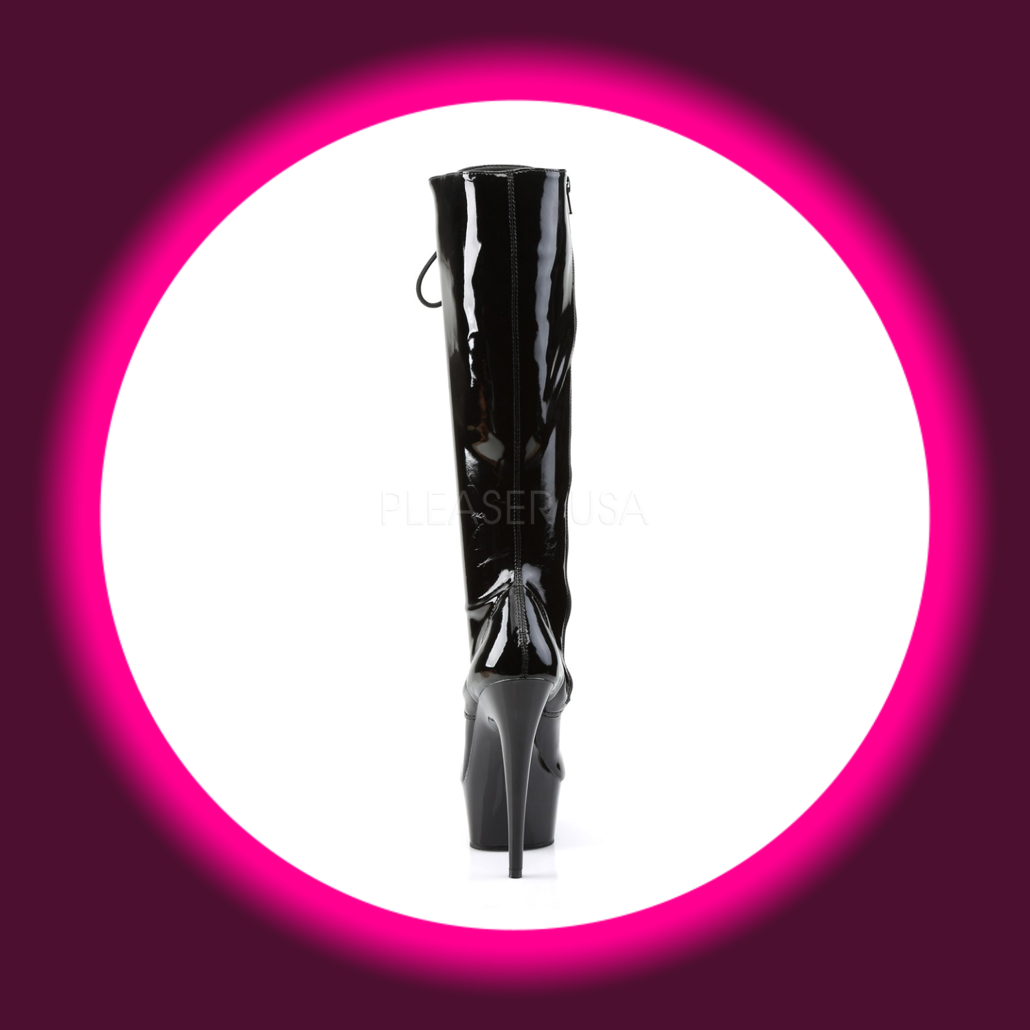 Rückansicht schwarze Plateaustiefel mit hohem Absatz, Pleaser Delight 2023