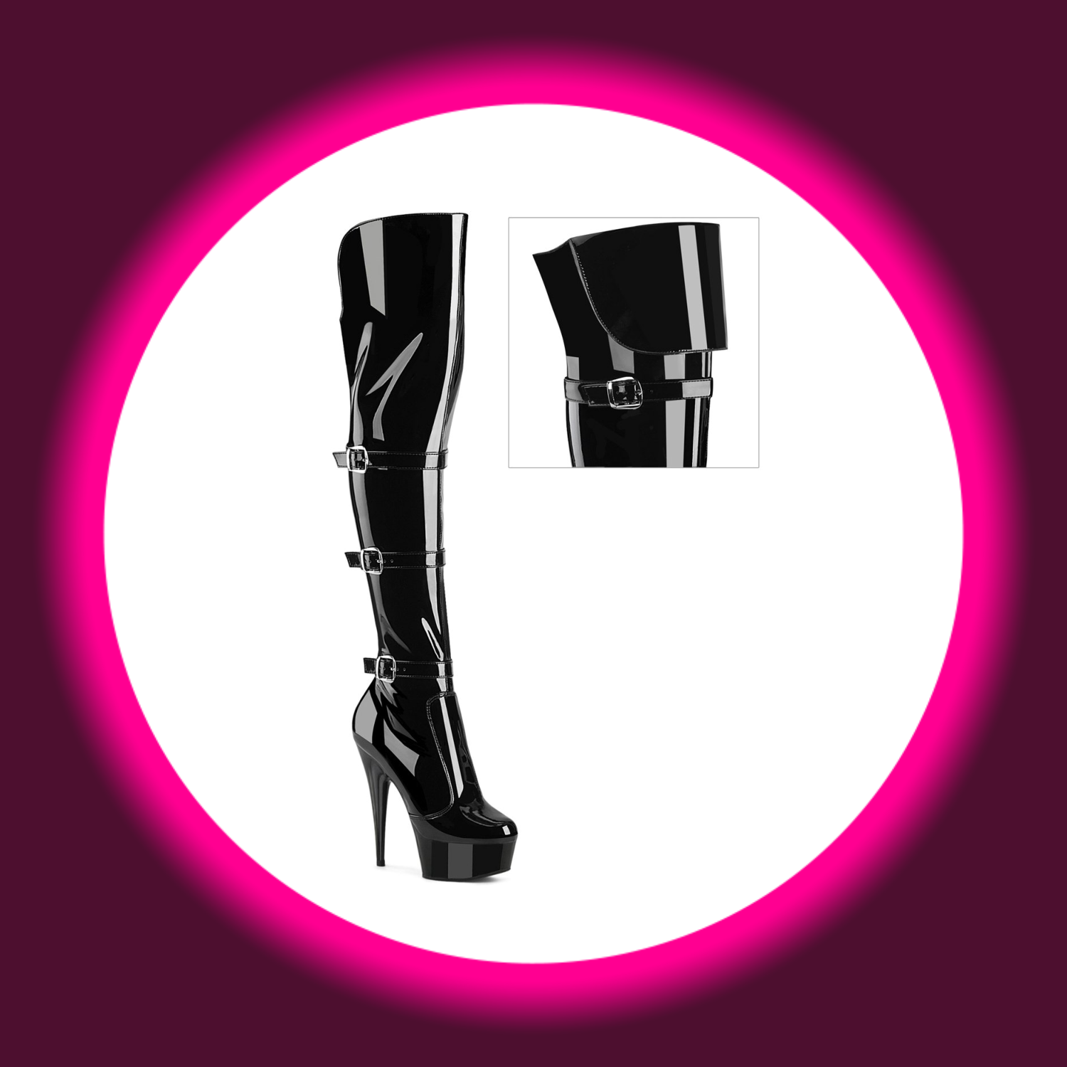 Winkelansicht schwarze Plateau-Stiefel mit drei Riemen und hohem Absatz, Pleaser Delight 3018