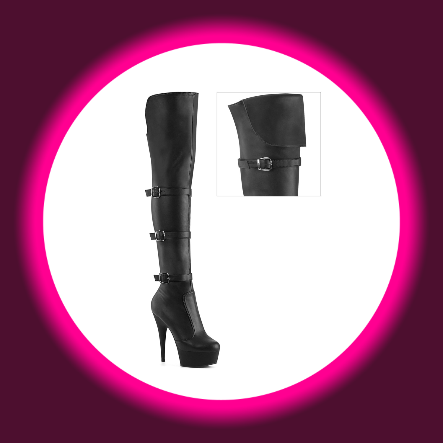 Winkelansicht schwarze Plateau-Stiefel mit drei Riemen und hohem Absatz, Pleaser Delight 3018
