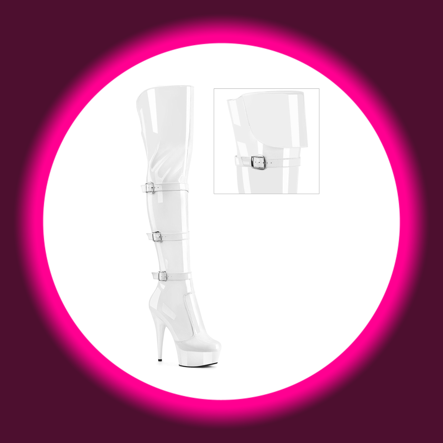 Winkelansicht weiße Plateau-Stiefel mit drei Riemen und hohem Absatz, Pleaser Delight 3018