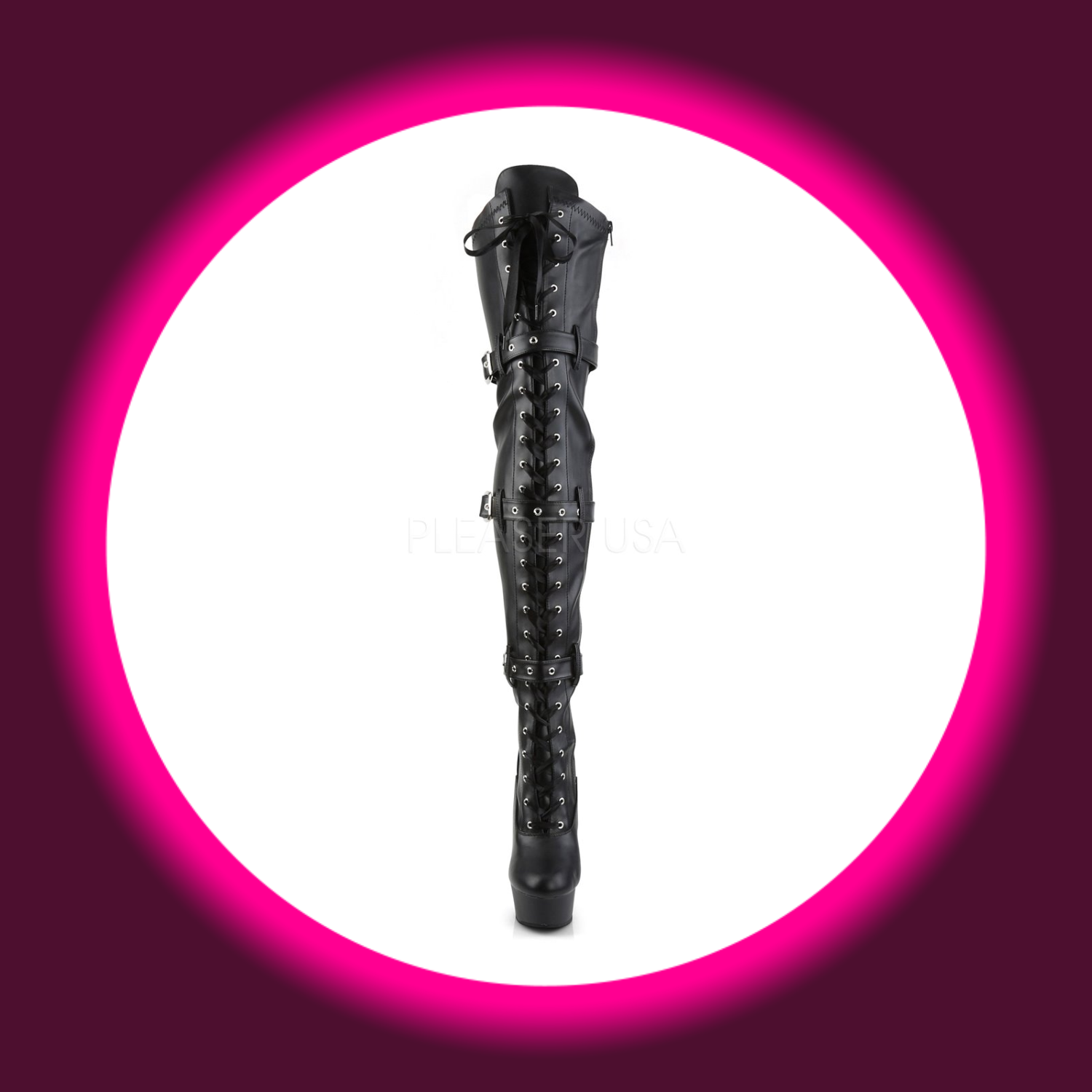 Pleaser Delight 3028, schwarze Plateau Overknees mit Frontschnürung und drei Riemen, Lederoptik
