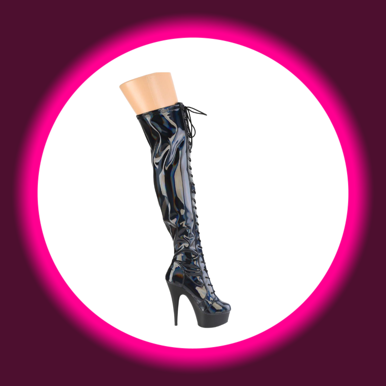 seitliche Ansicht schwarze Plateau-Overknees mit Schnürung und holografischer Oberfläche, Pleaser Delight 3029