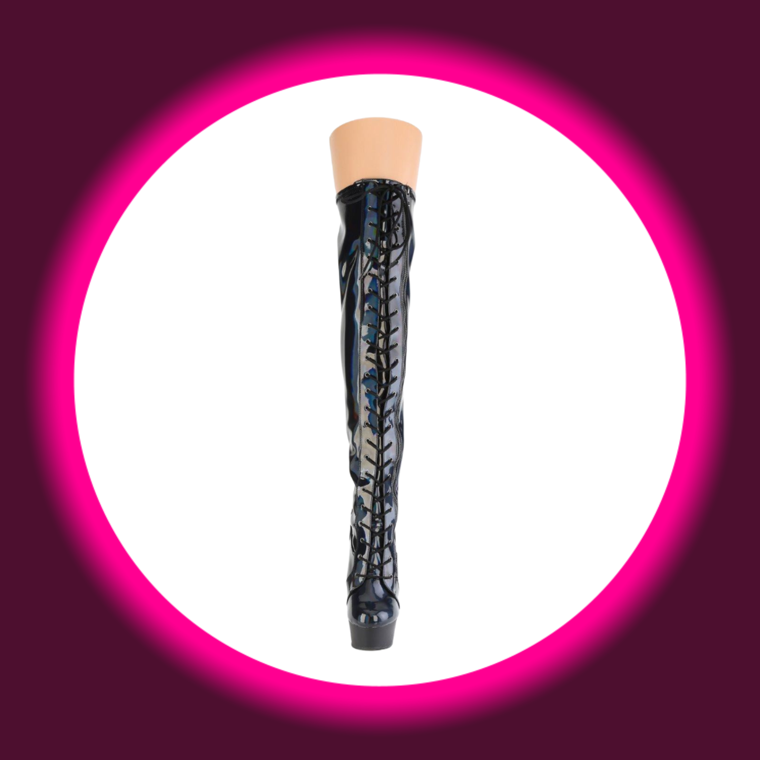Frontansicht schwarze Plateau-Overknees mit Schnürung und holografischer Oberfläche, Pleaser Delight 3029