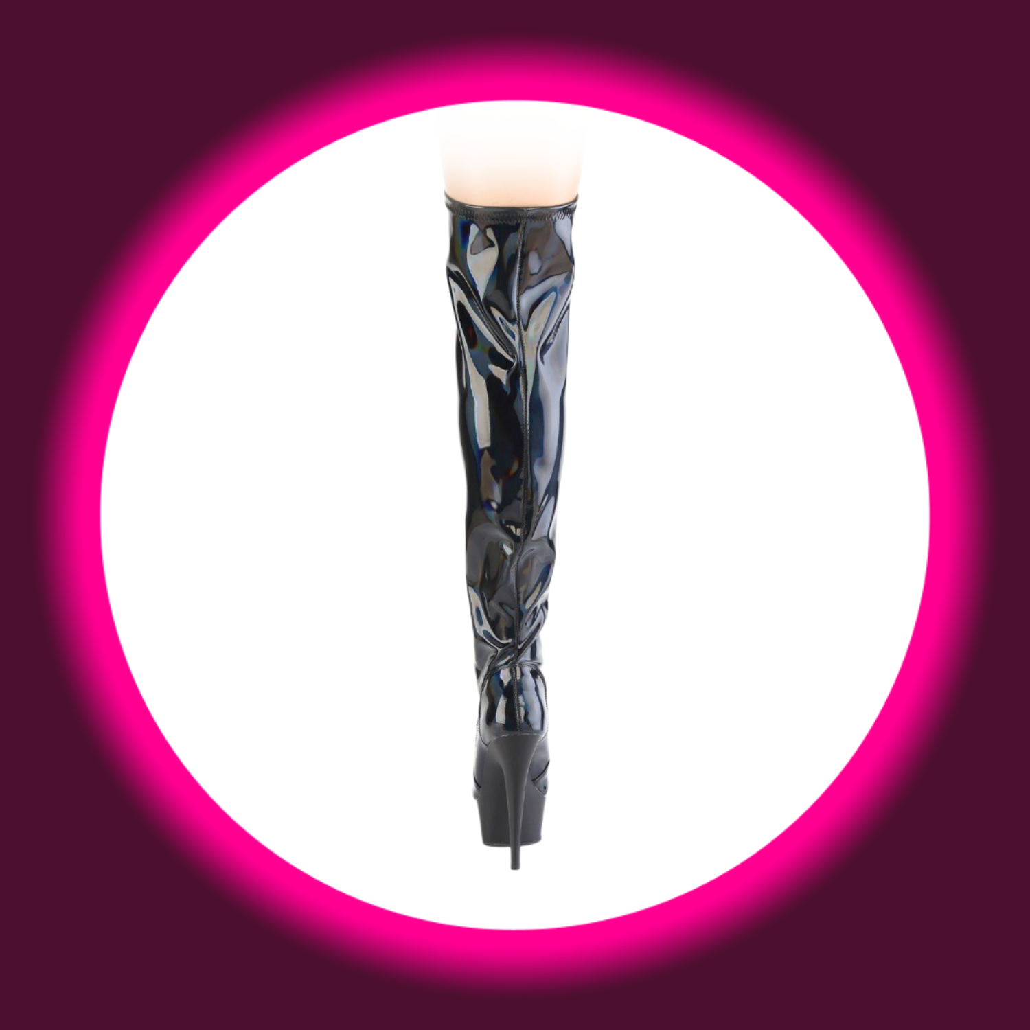 Rückansicht schwarze Plateau-Overknees mit hohem Absatz und holografischer Oberfläche, Pleaser Delight 3029
