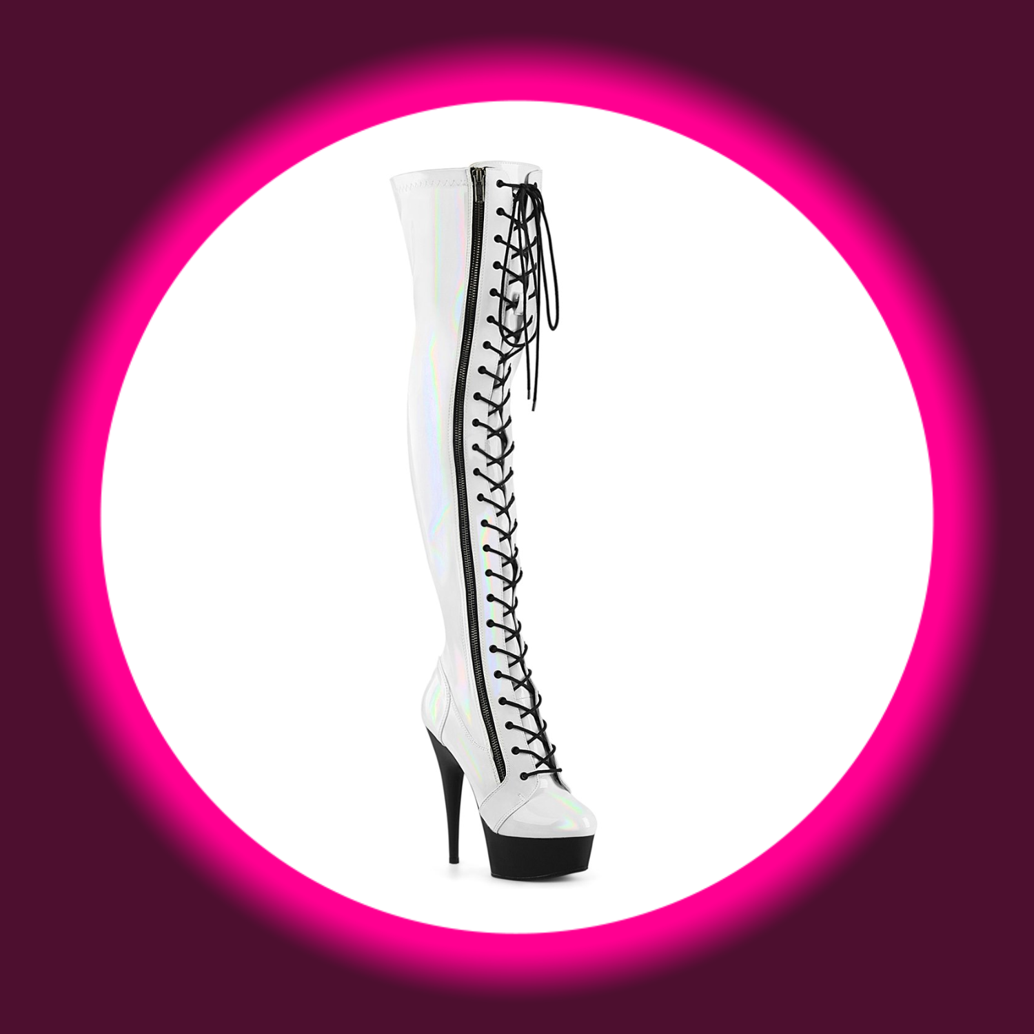 Winkelansicht weiße Plateau-Overknees mit schwarzer Schnürung und holografischer Oberfläche, Pleaser Delight 3029