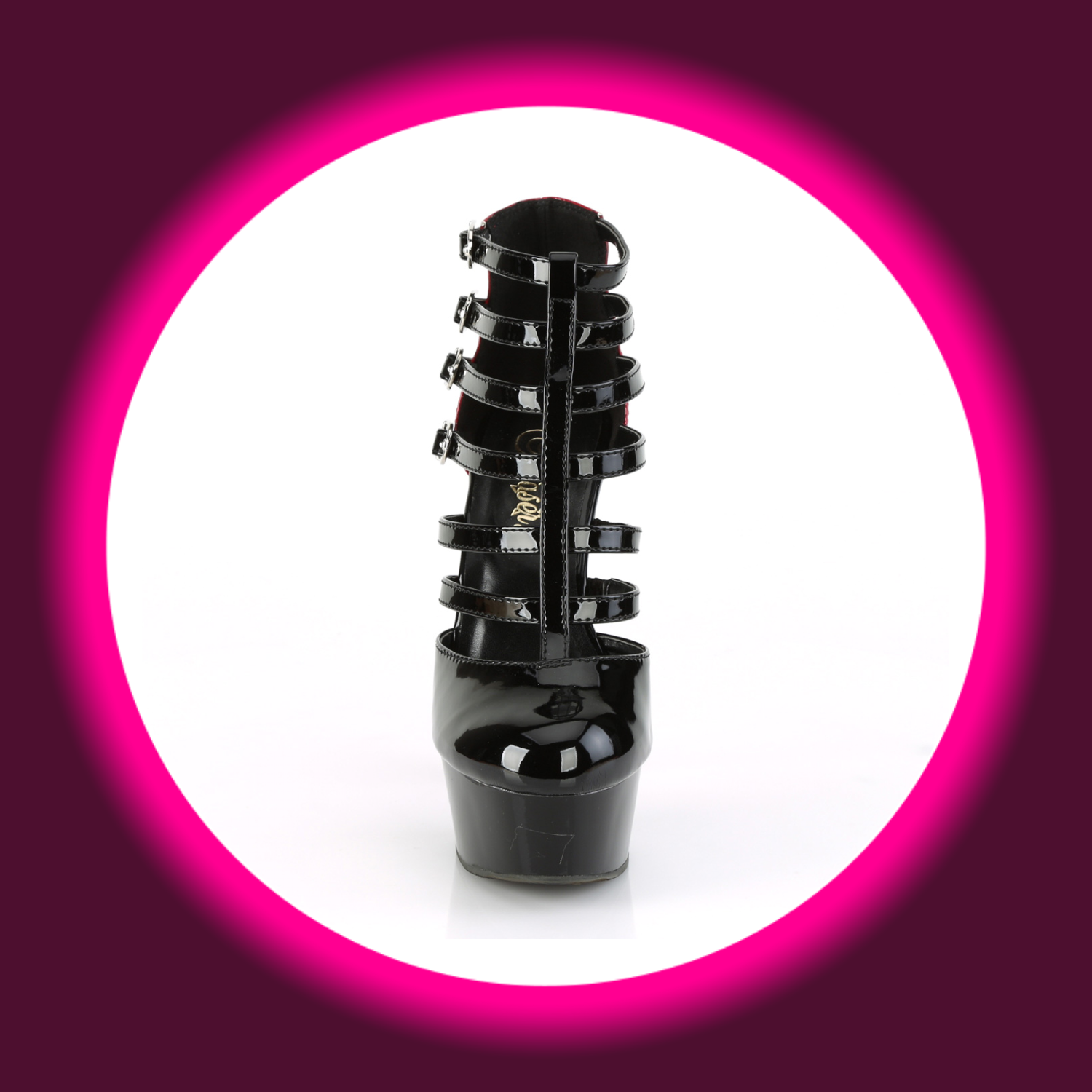Frontansicht schwarze Stiefelette mit hohem Plateau und vielen Riemen, Pleaser Delight 695
