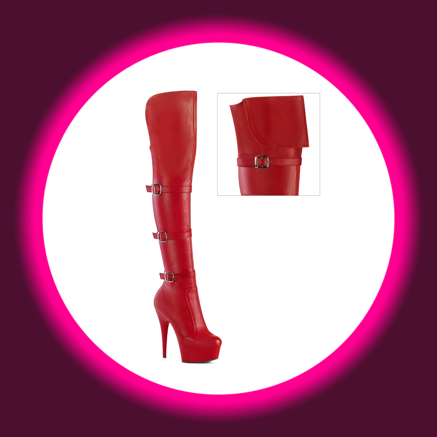 Winkelansicht rote Plateau-Stiefel mit drei Riemen und hohem Absatz, Pleaser Delight 3018