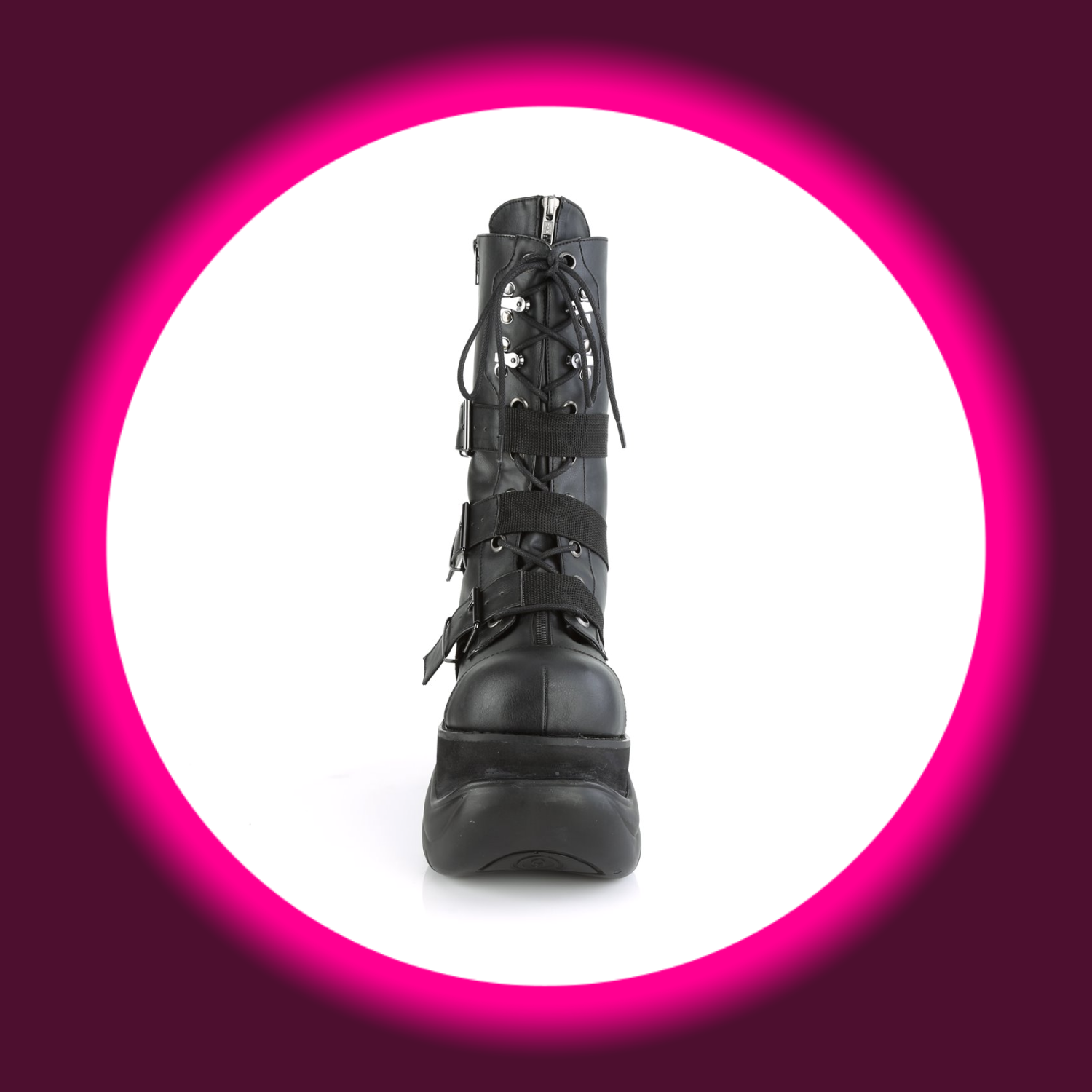 Frontansicht schwarze Stiefel mit dicker Sohle und drei Schnallen, Demoniacult Boxer 230