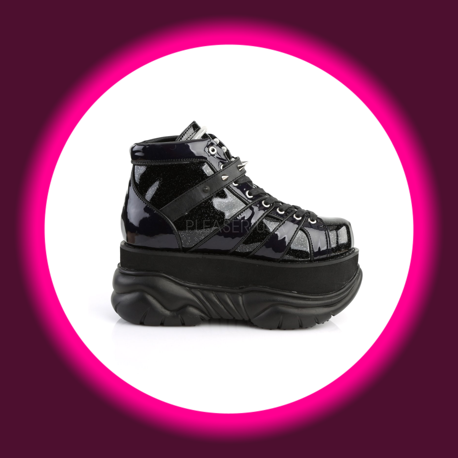 seitliche Ansicht schwarze Halbschuhe mit dicker Sohle und holografischen Details, Demoniacult Neptune 100