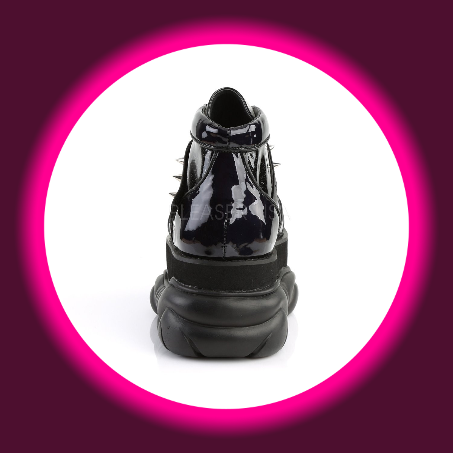 Rückansicht schwarze Halbschuhe mit dicker Sohle und glänzenden Details, Demoniacult Neptune 100