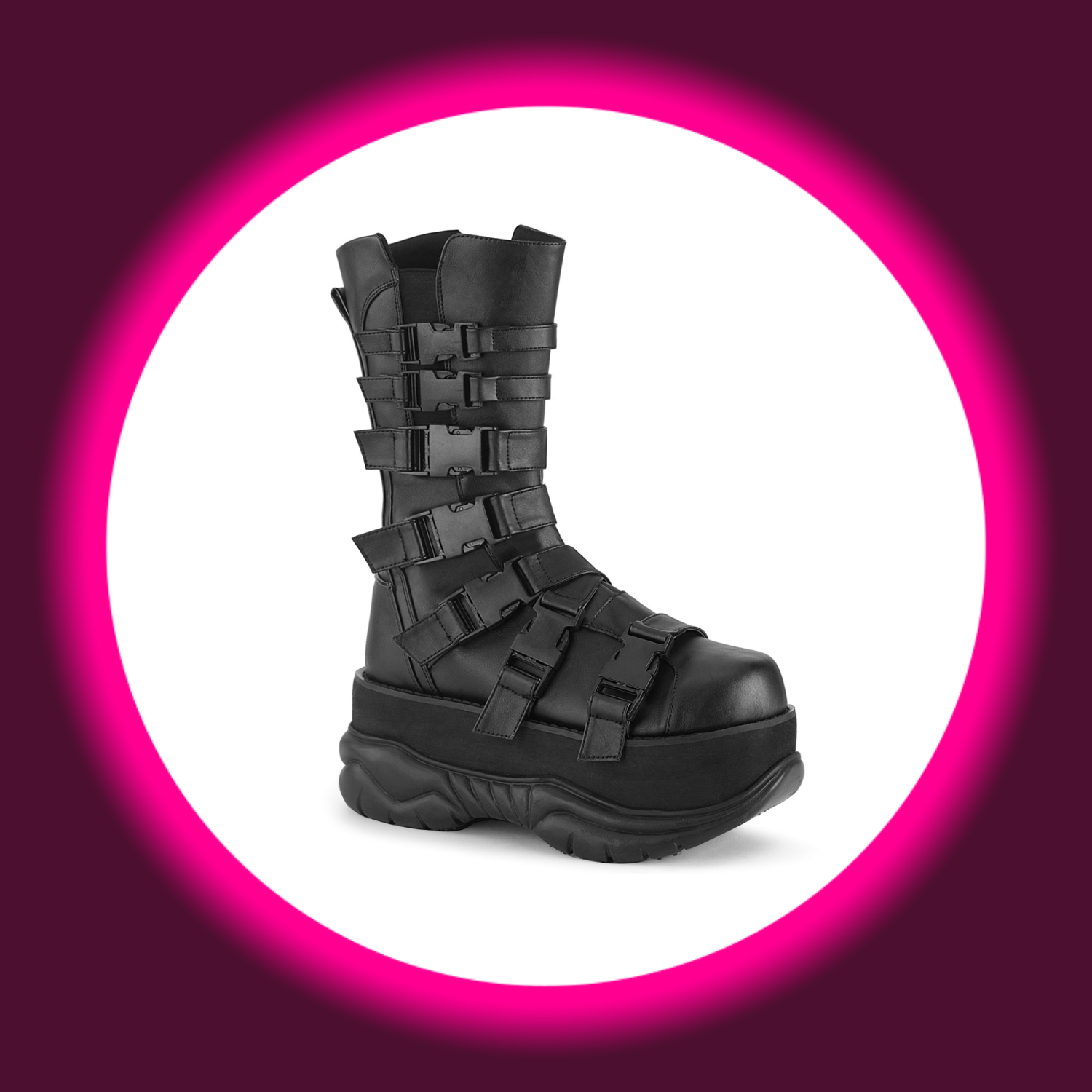Winkelansicht schwarze Boots mit dicker Sohle und Steckschnallen, Demoniacult Neptune 210