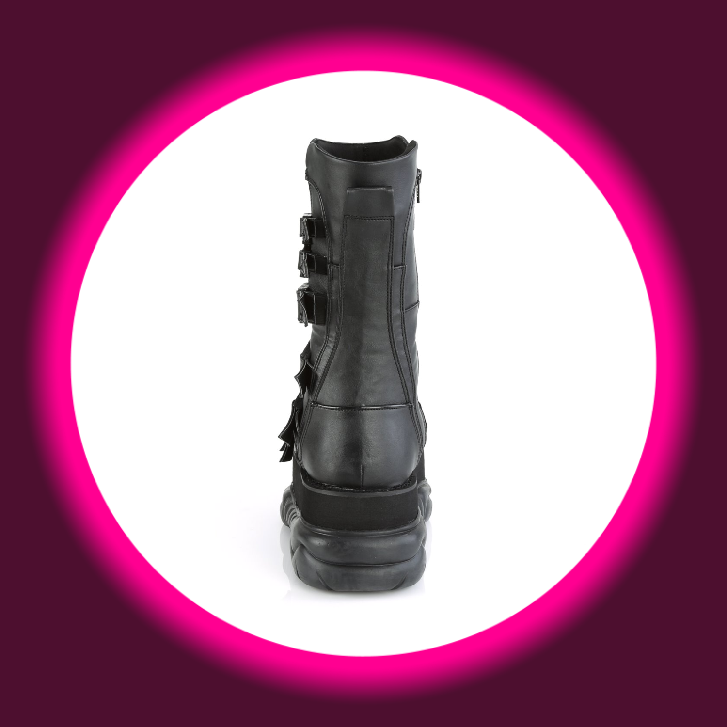 Rückansicht schwarze Boots mit dicker Sohle und Steckschnallen, Demoniacult Neptune 210