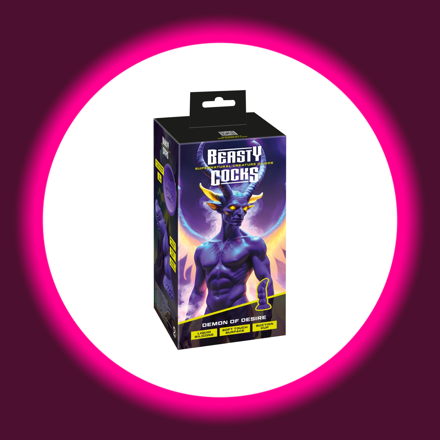 Violetter Fantasy-Dildo Demon of Desire in Verpackung mit mystischem Design, Beasty Cocks Kollektion