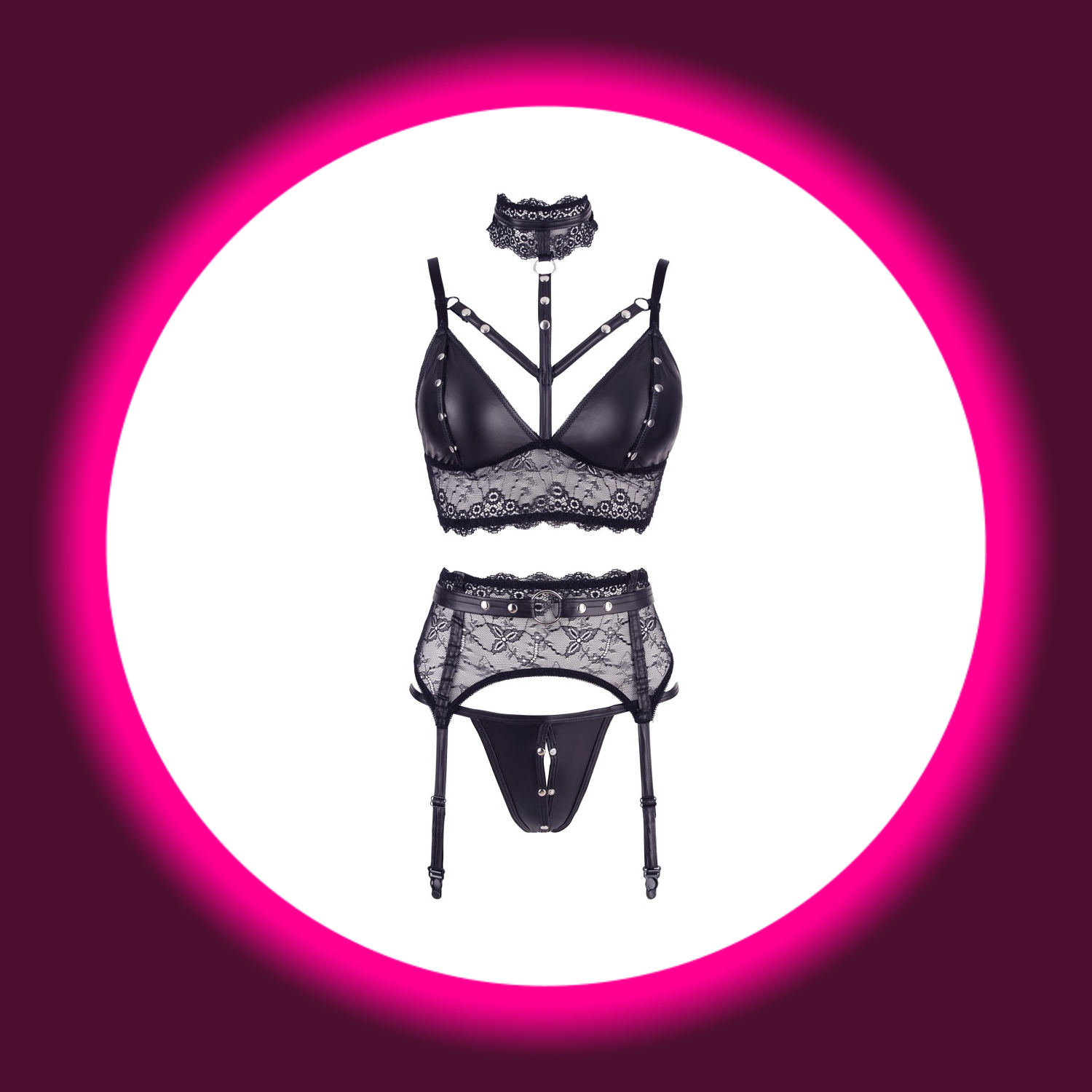 schwarzes 3-teiliges Dessous-Set aus Spitze mit Mattlook & Nieten von Cotelli Bondage