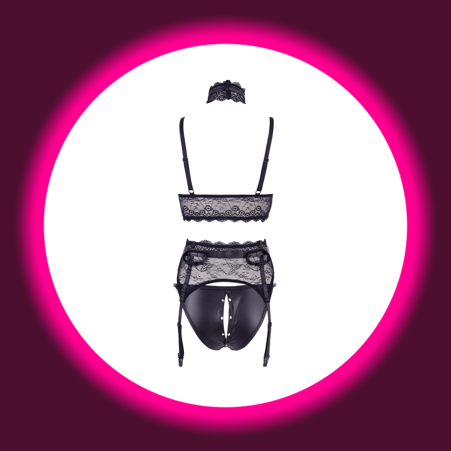 schwarzes 3-teiliges Dessous-Set aus Spitze mit Mattlook & Nieten von Cotelli Bondage