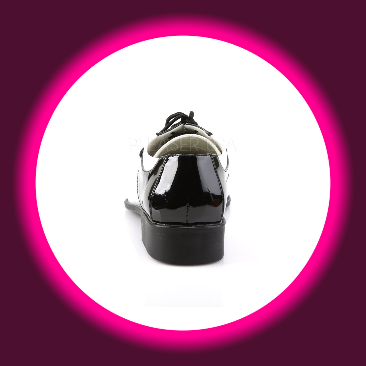 Rückansicht schwarz weiße Herrenhalbschuhe mit Schnürsenkel und Blockabsatz, Pleaser Disco 18