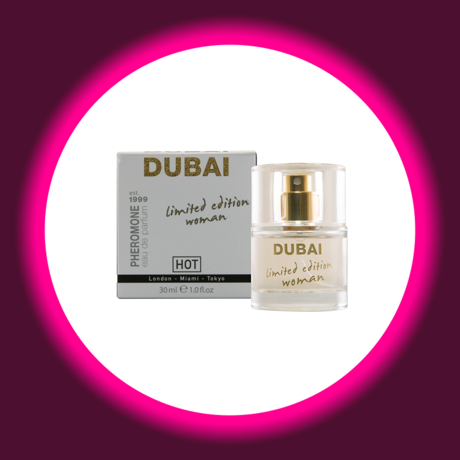 Produktverpackung und Sprühflasche des Parfums Dubai Woman weiß mit goldener Schrift