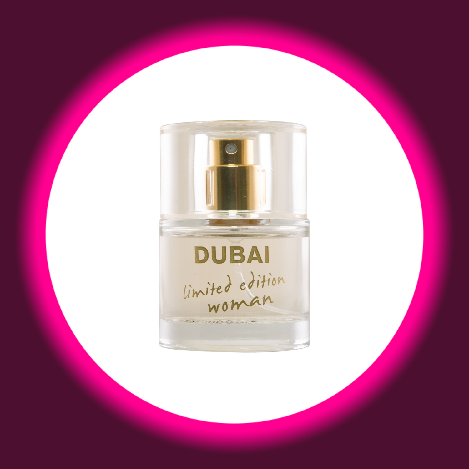 Sprühflakon des Parfums Dubai Woman mit goldener Schrift