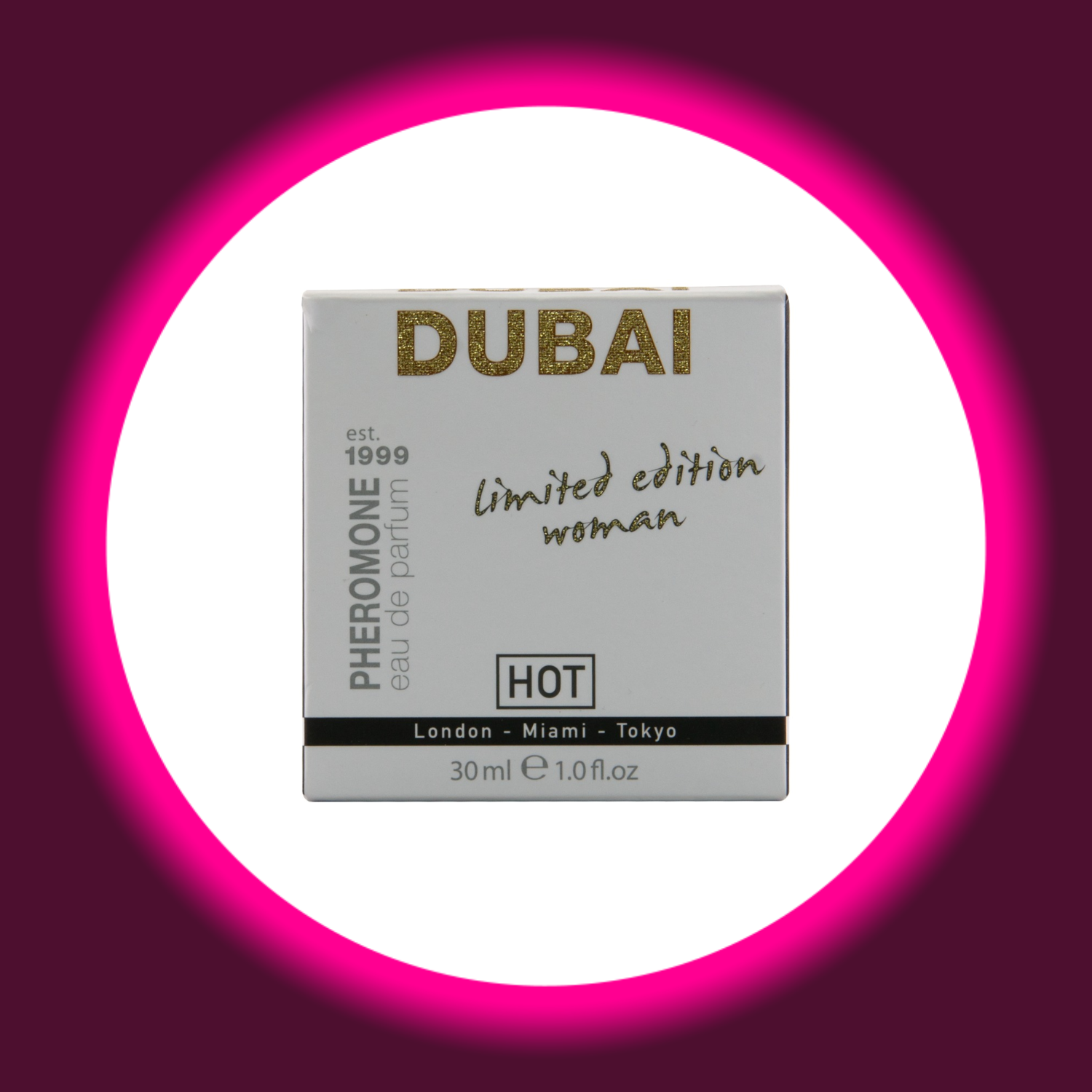weiße Produktverpackung mit goldener Schrift, Parfum Dubai Woman