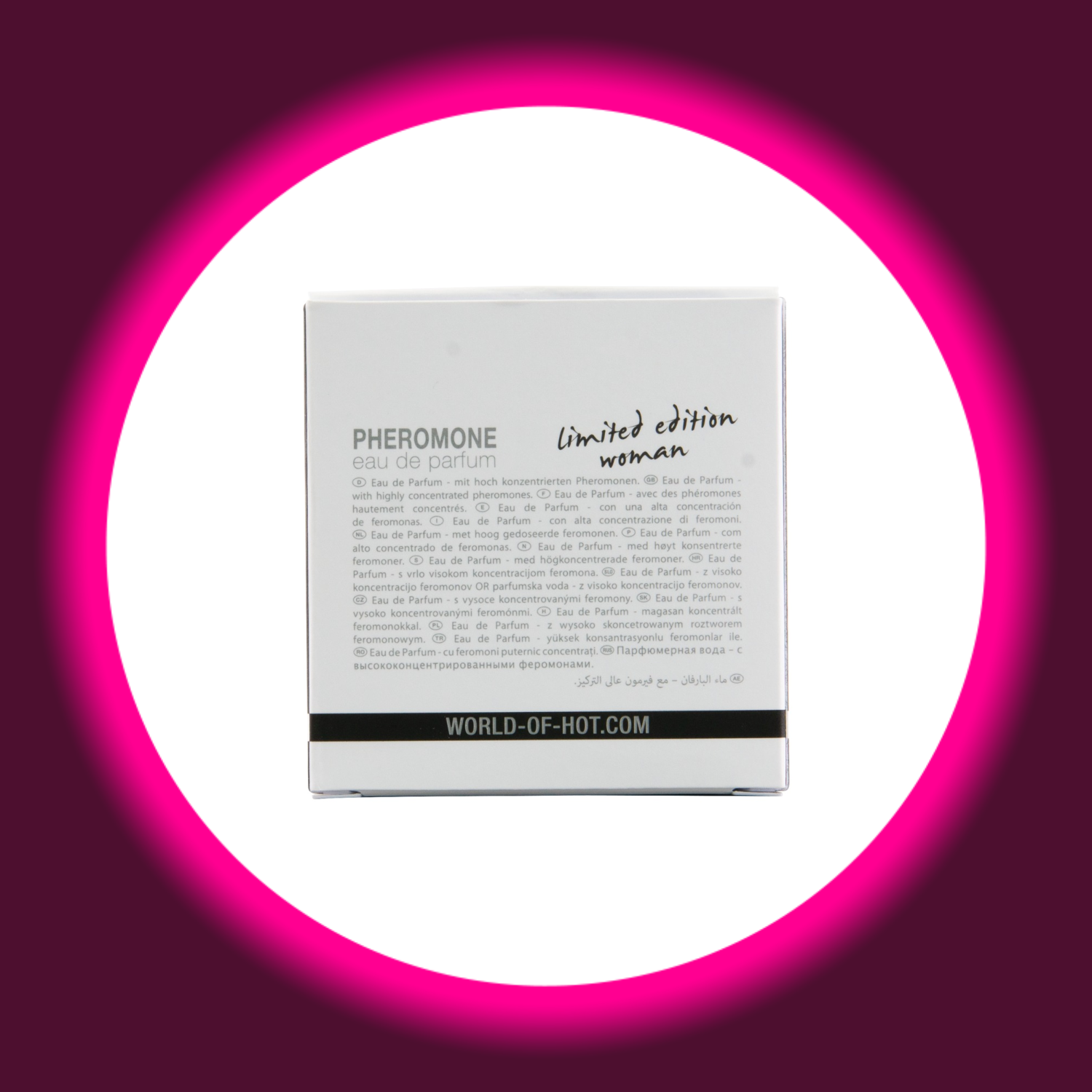 Rückseite der weißen Produktverpackung des Parfum Dubai Woman