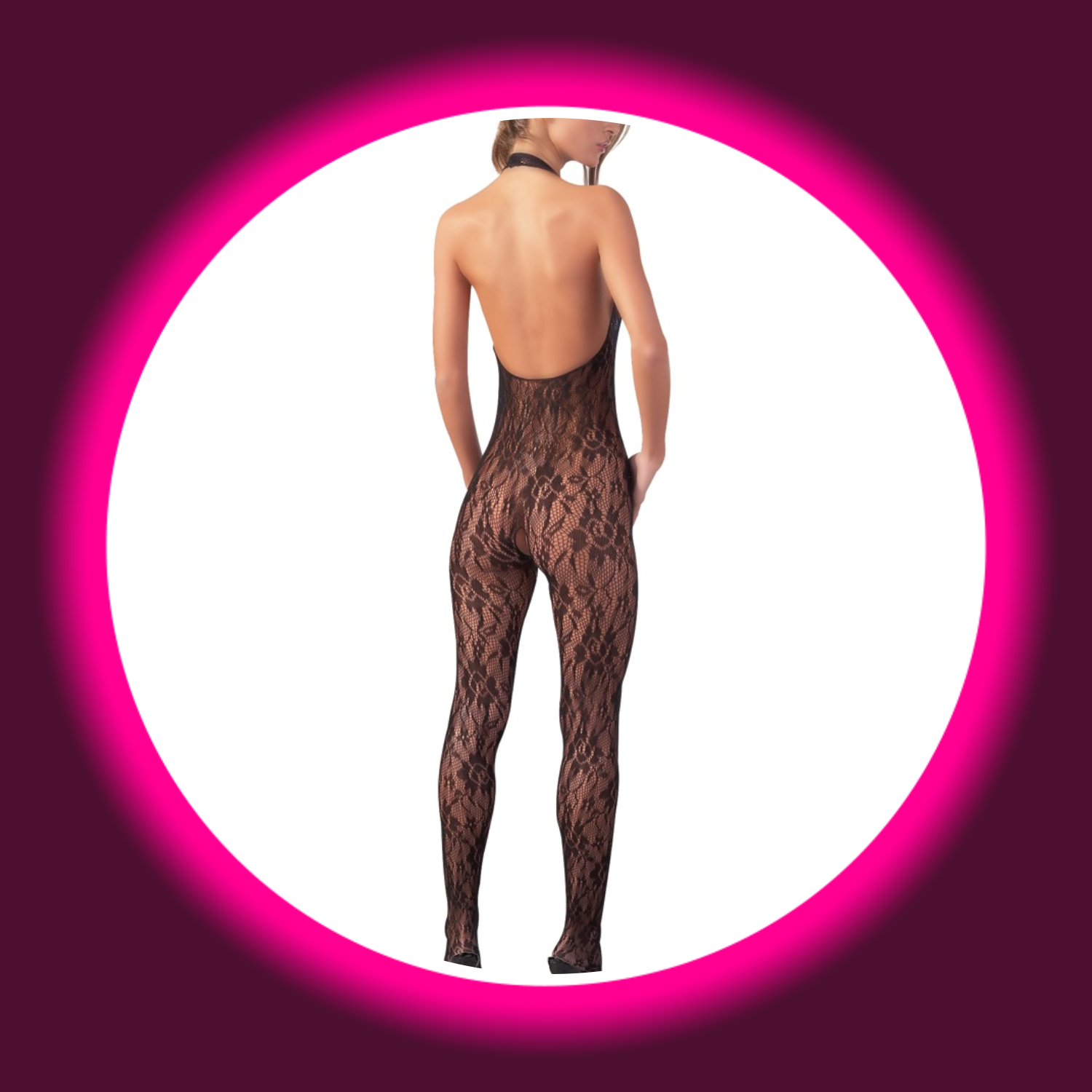 Rückansicht schwarzer Netzcatsuit mit Blumenmuster von NO:XQSE