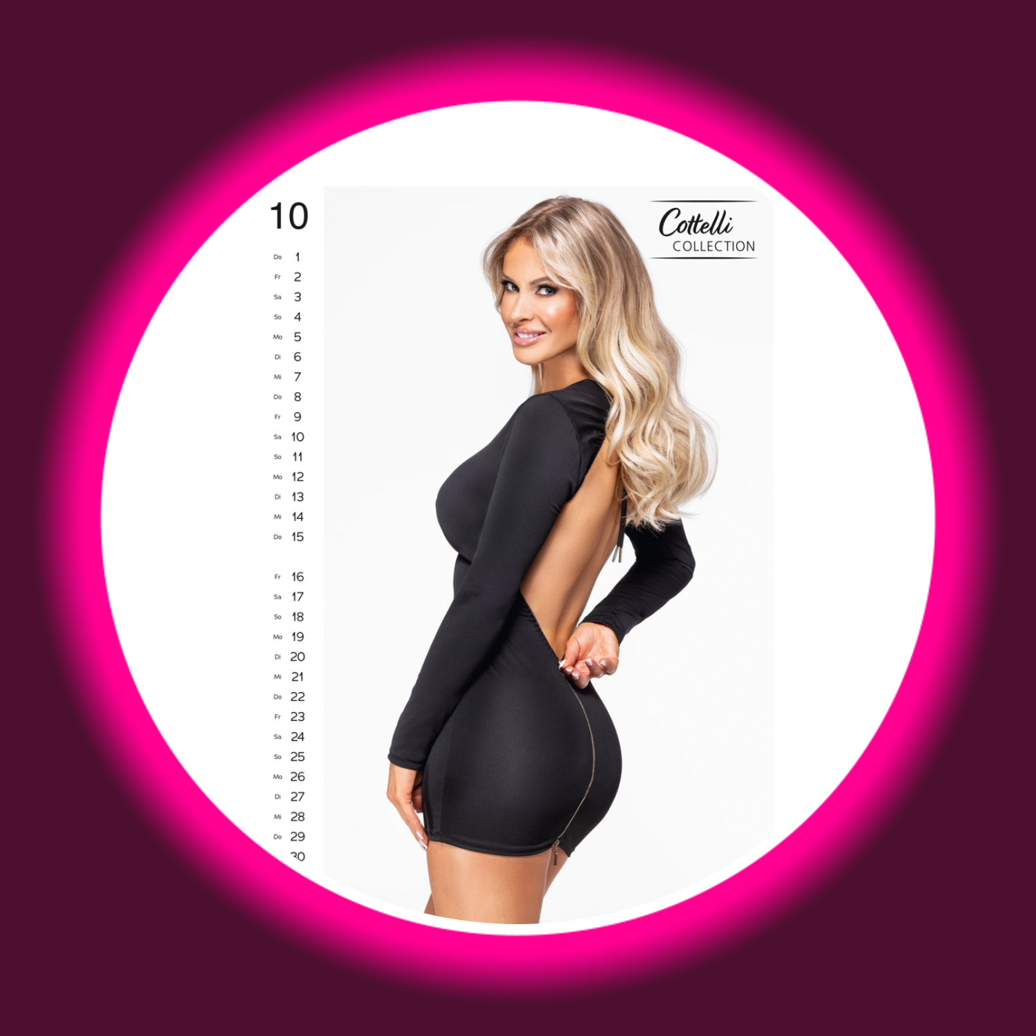 blonde Frau in schwarzem Minikleid, Pin-up Kalender 2026