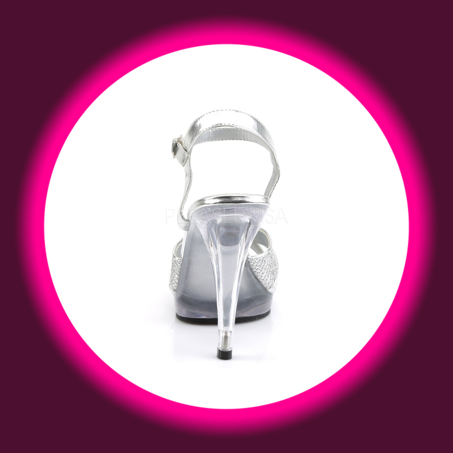 Rückansicht silberne Sandalette Fabulicious Flair 419 mit Knöchelriemen und hohem transparentem Absatz