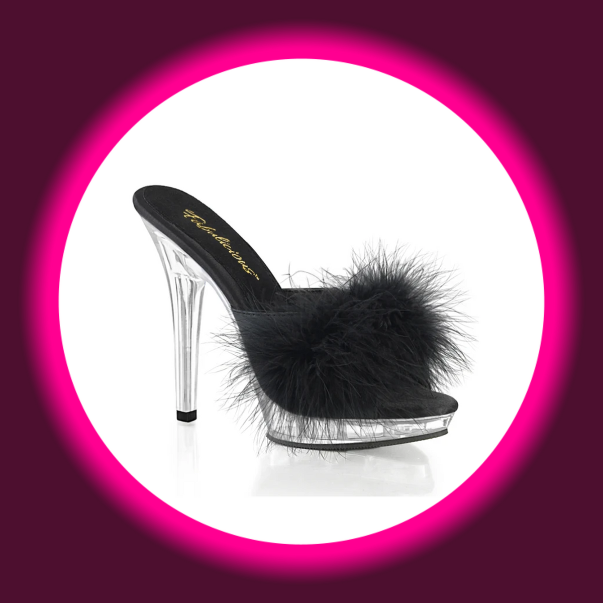 Fabulicious Lip 101-8 Plateau-Pantolette in Schwarz mit schwarzem Marabu-Federbesatz, transparentem Plateau und transparentem Stilettoabsatz, schräge Frontansicht