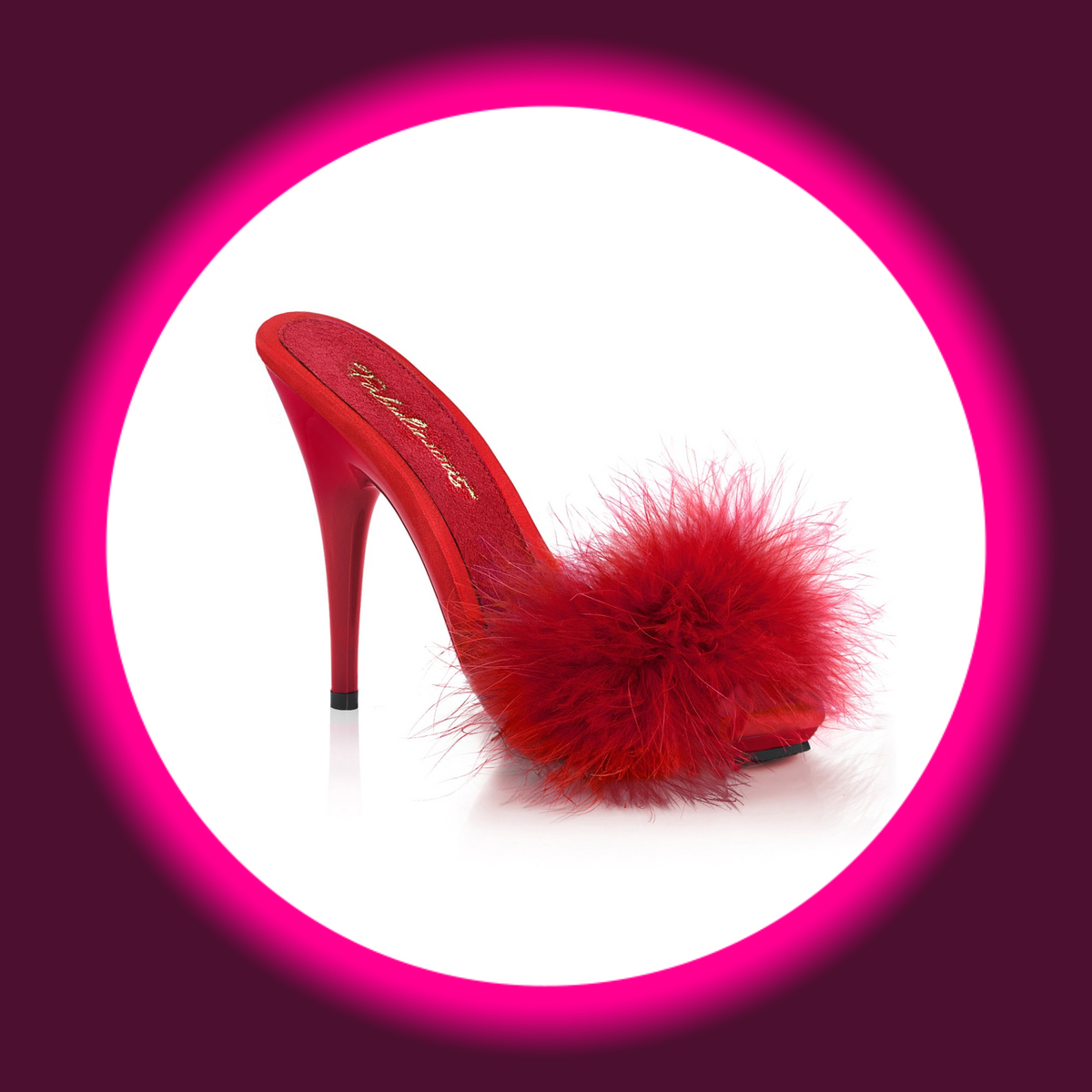Winkelansicht rote Pantolette mit hohem Absatz und Federn am Riemen, Fabulicious Poise 501