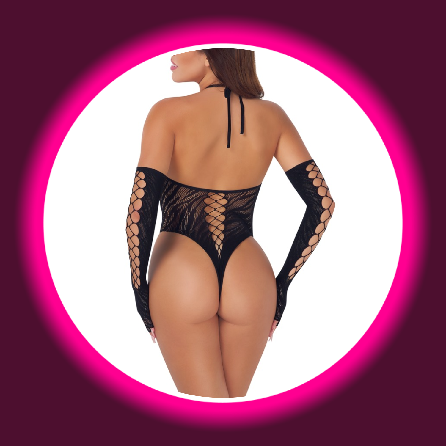 Rückansicht Frau in schwarzem Netzbody Anita mit Handschuhen von Fantasy by Cotelli