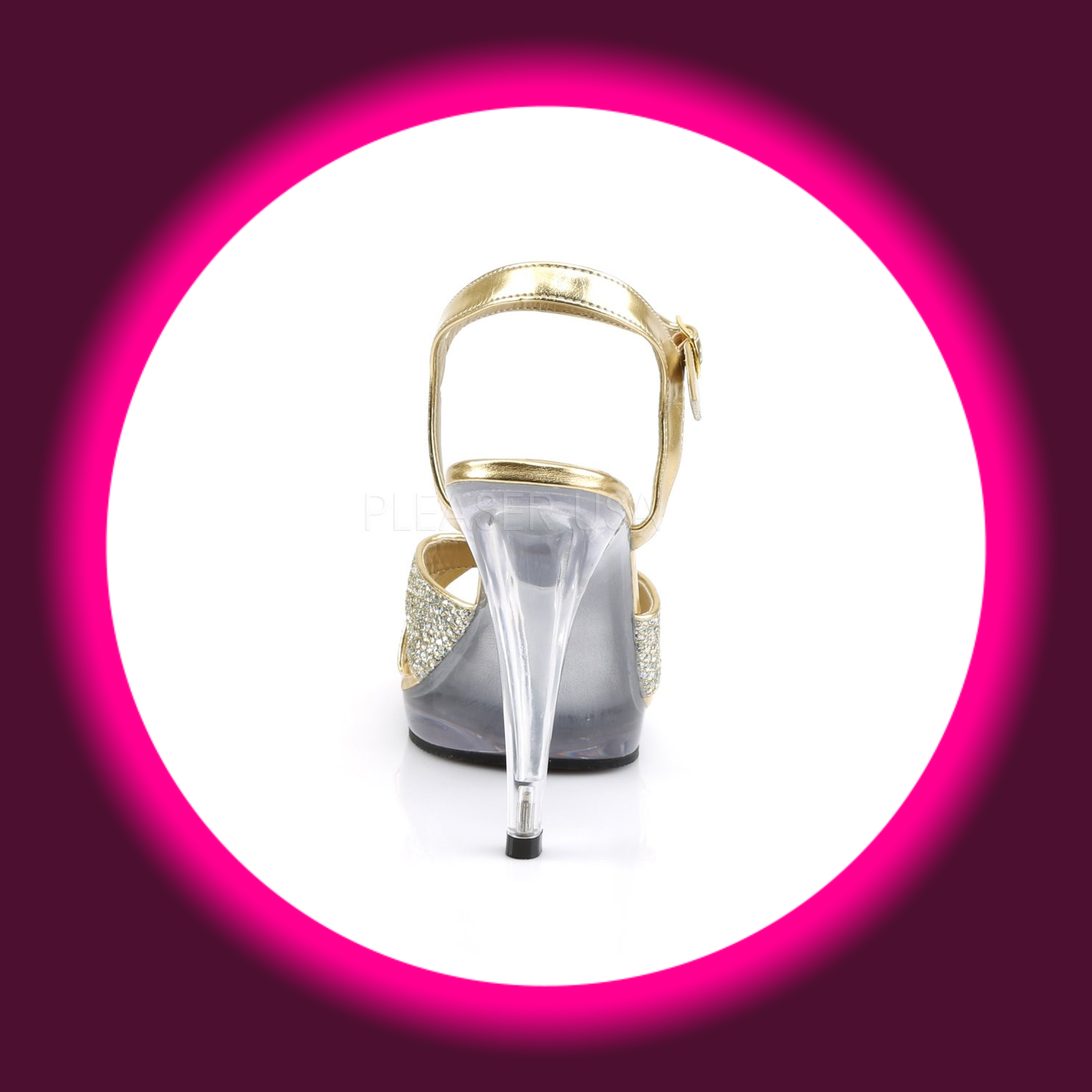 Rückansicht einer goldenen Plateau Sandale von Fabulicious mit goldenen Knöchelriemen und transparentem Absatz
