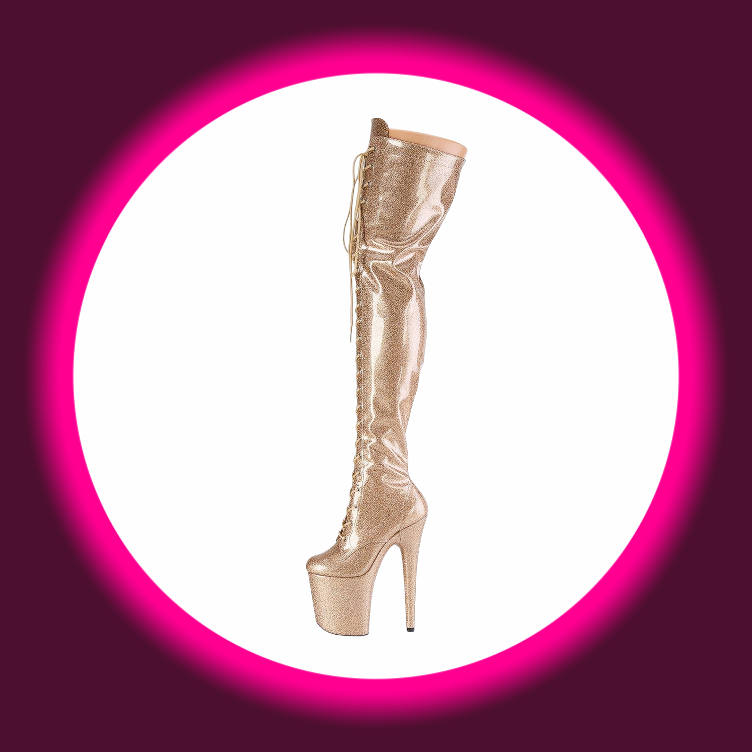 seitliche Ansicht goldene glitzernde Plateau-Overknees mit Frontschnürung und hohem Absatz, Pleaser Flamingo 3020